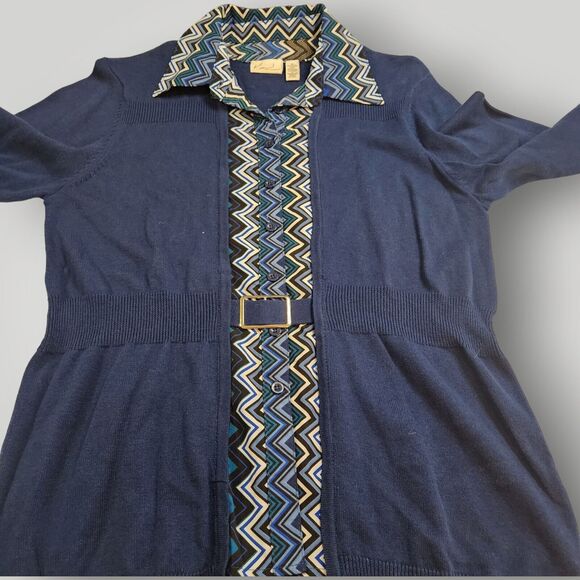 Kim Rogers Women's M Blue 3/4 Sleeve Belted Cardigan Sweater 2-fer Look RETRO - Picture 4 of 11